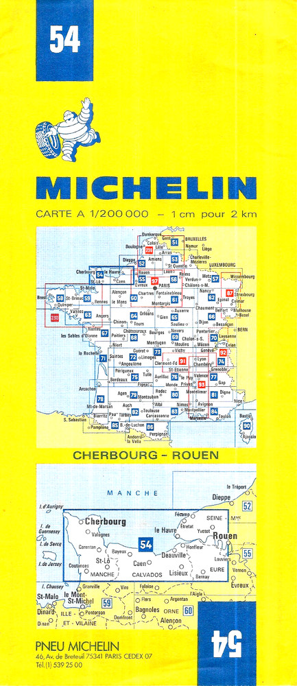 France – Michelin Folding Map Cherbourg – Rouen Sheet 54