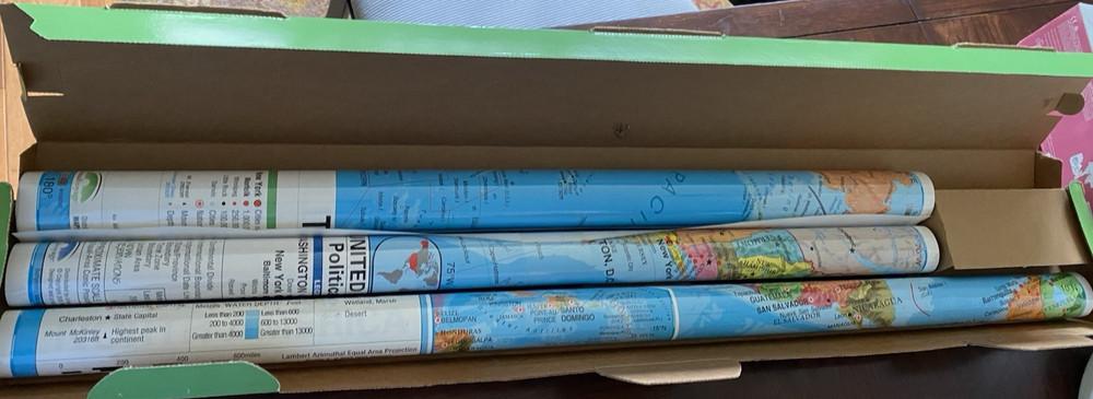 Set of 3 laminated Wall maps United States World & N America – Universal Map Inc