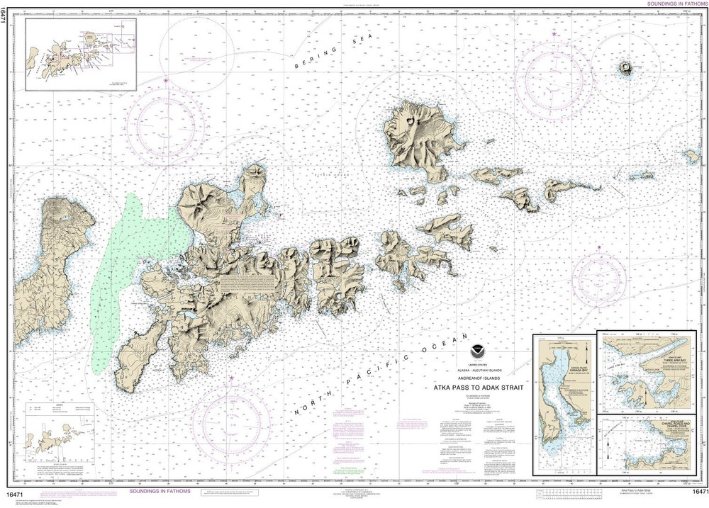 Atka Pass to Adak Strait;Three Arm Bay, Adak Island;Kanaga Bay | NOAA 16471