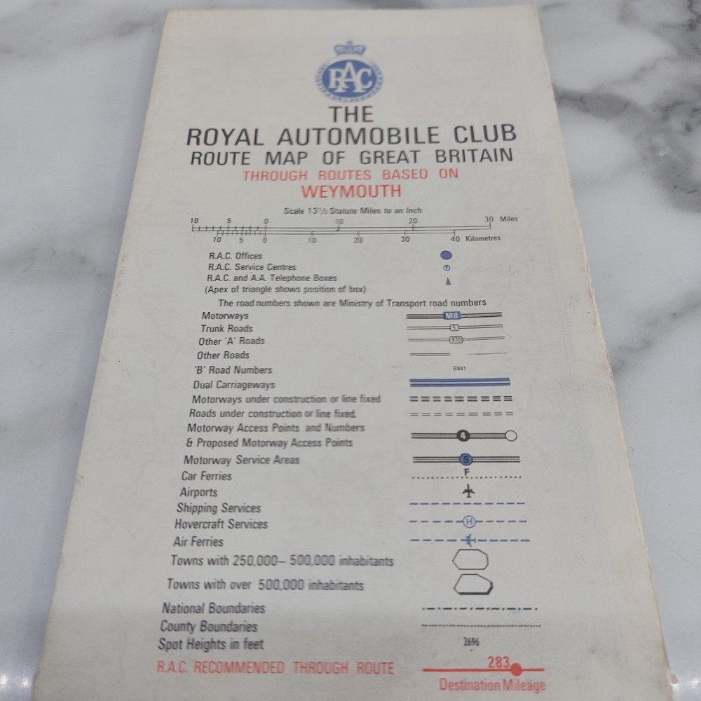 RAC Route Map Of Great Britain 1970 Through Routes Based on Weymouth