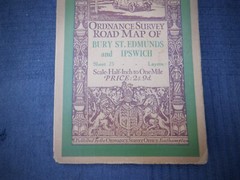 1930s Ordnance Survey Road Map of Bury St. Edmunds & Ipswich – 1/2″ to 1 Mile