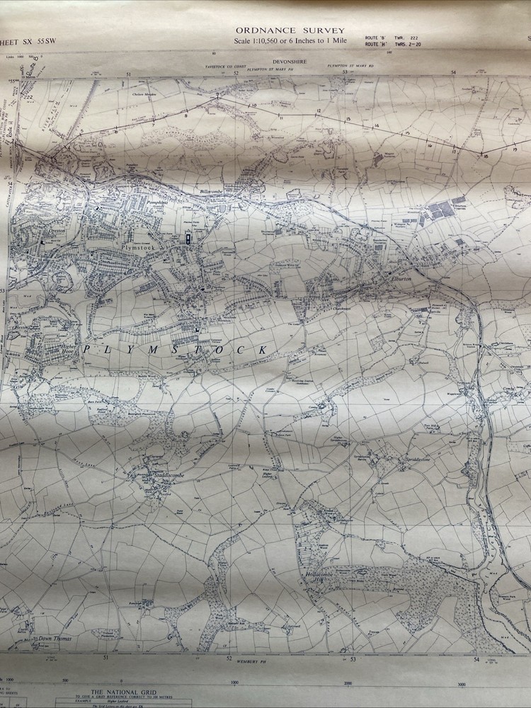 Vintage 1954 OS Large Scale National Grid Map Of Plymstock Nr Plymouth