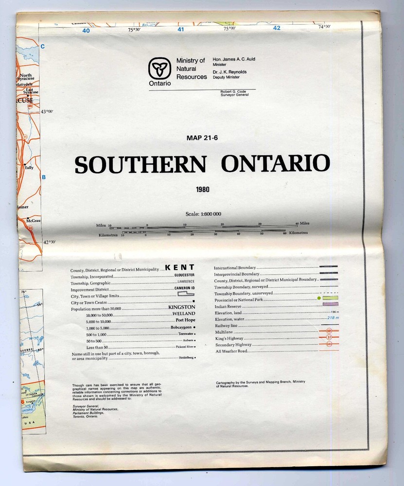 SOUTHERN ONTARIO MAP 21-6 (1:600,000) Ministry of Natural Resources 1980
