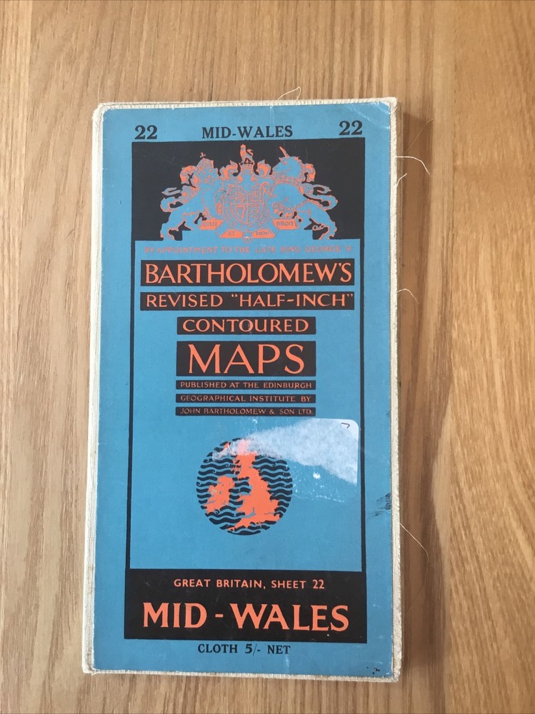 1955 Bartholomew Revised Half Inch Cloth Map 22 Mid Wales (incl Dolgelley )