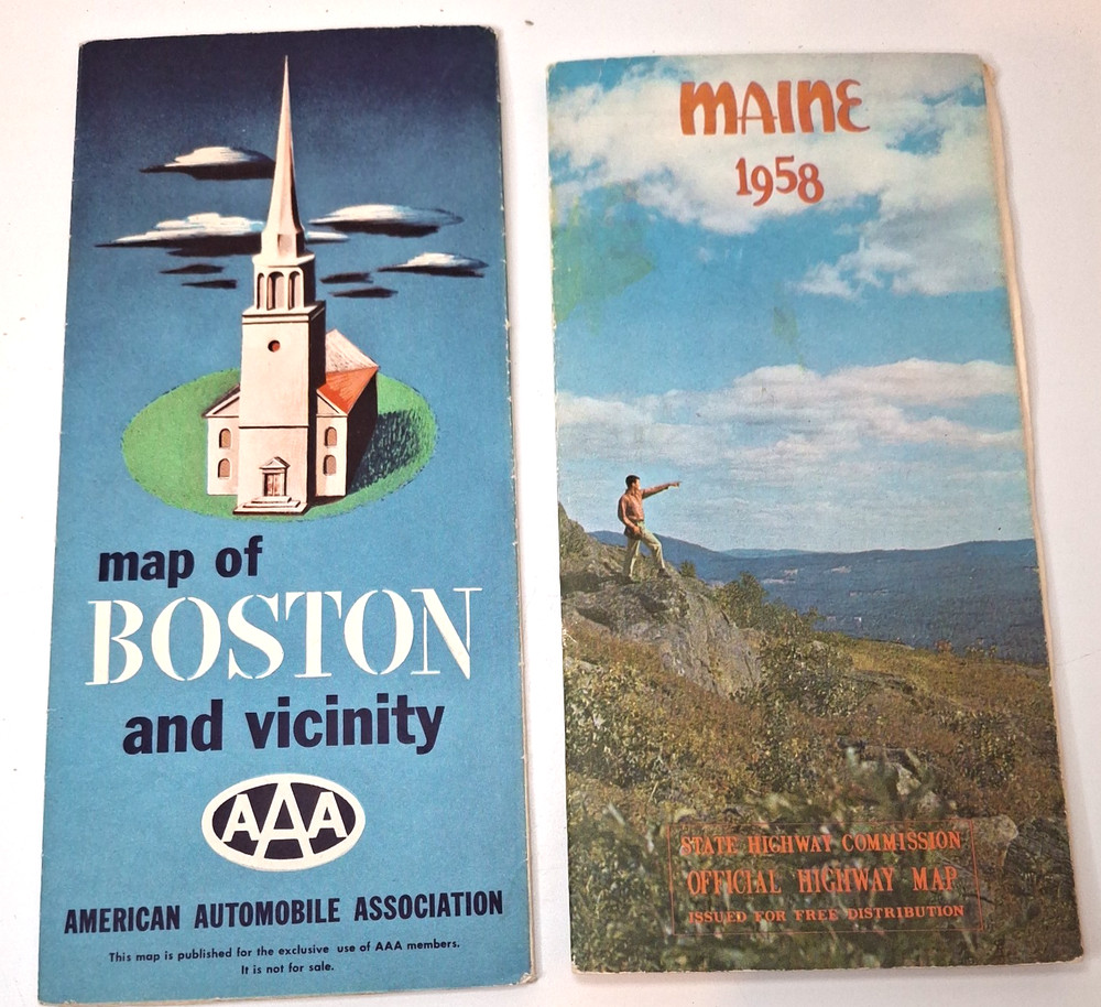 Vintage USA American Road Maps 1950s x2 – Maine 1958 & AAA Boston Motoring Maps