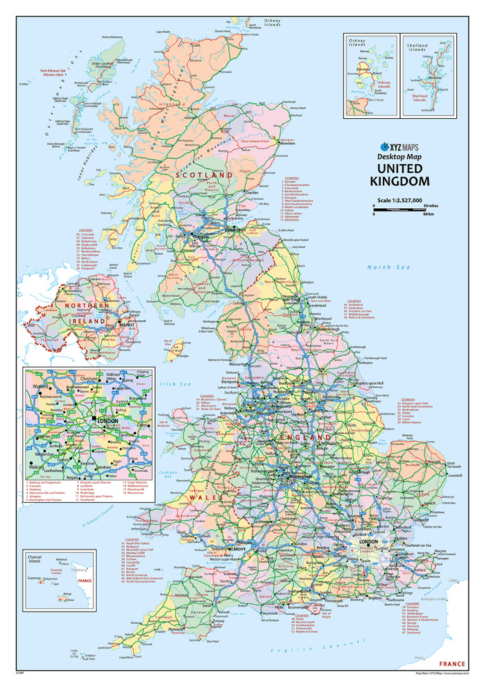 Small British Isles Political Map, UK at a glance map, A3 Desktop Map