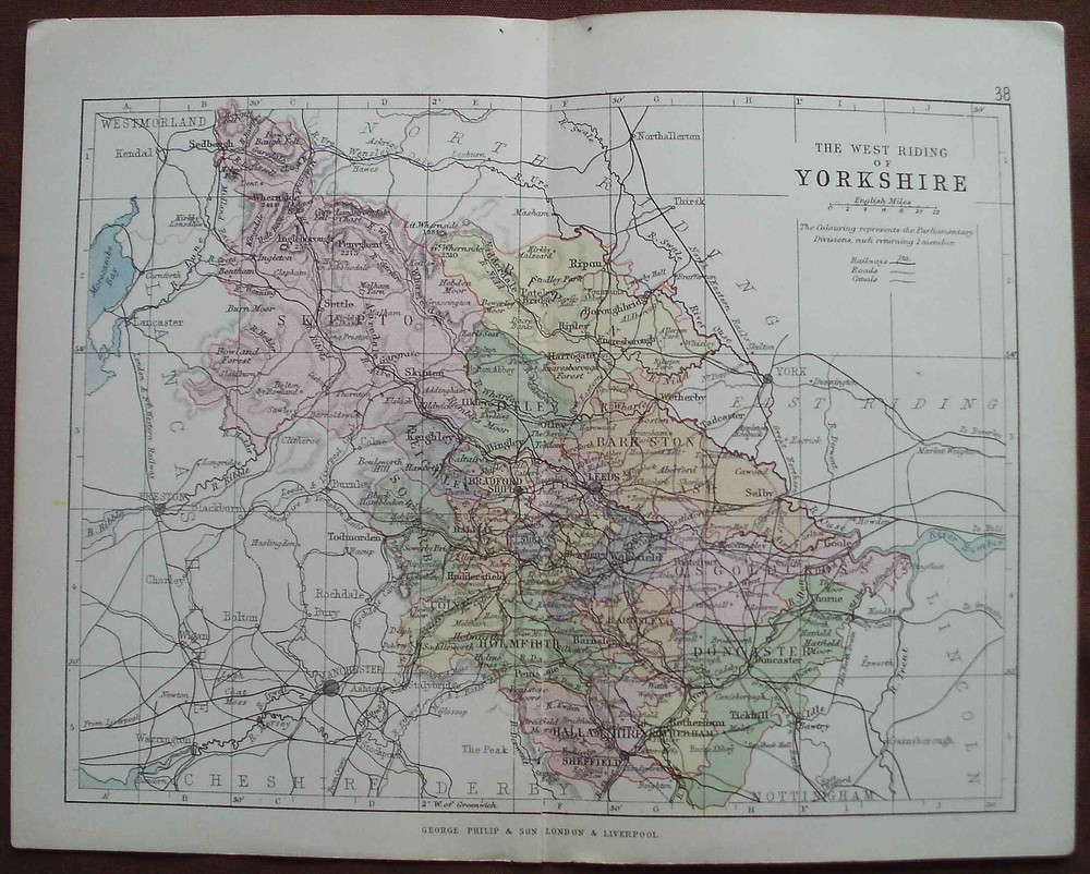 Antique colour map West Riding Yorkshire late Victorian George Philip – Railways