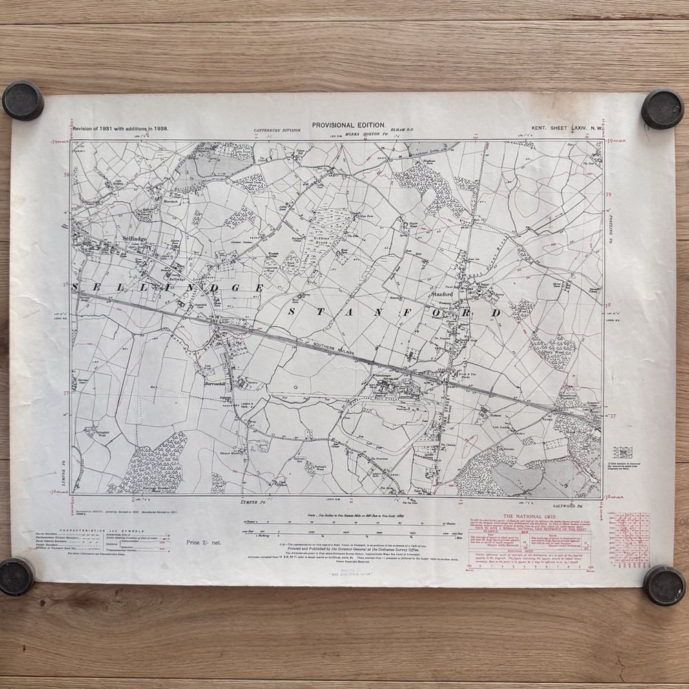 Vintage Map Sheet Lympne Kent 1938 On “War Substitute Paper”