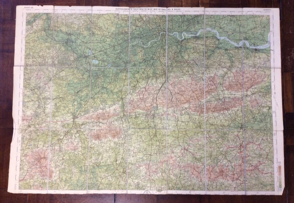 Vintage Cloth Backed Bartholonew’s Map Of Surrey