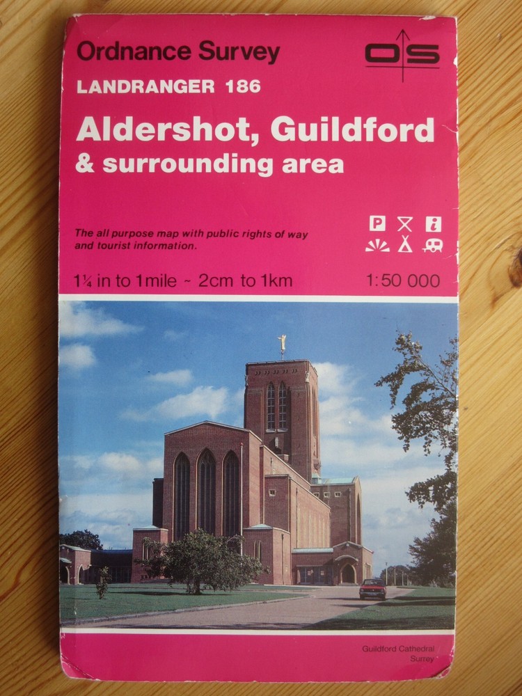 OS Ordnace Survey LANDRANGER 1:50,000 Map Sheet 186 – Aldershot, Guildford & sur