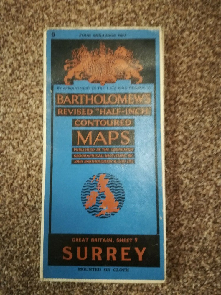 BARTHOLOMEWS CLOTH HALF-INCH CONTOURED MAP SURREY SHEET 9 CIR 1947