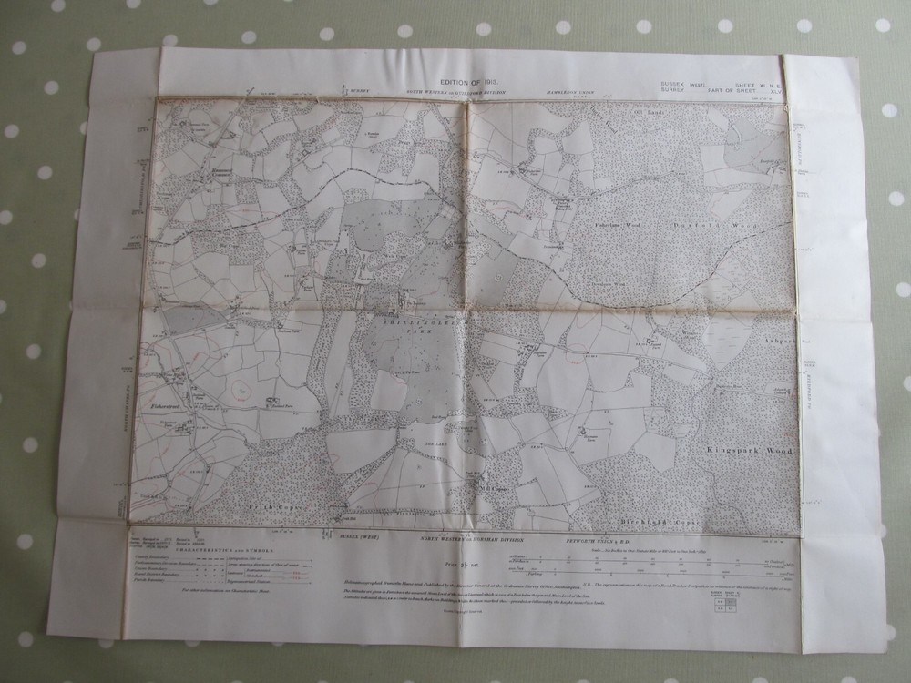 VINTAGE OS MAP OF SHILLINGLEE AREA SUSSEX 1913 EDITION – SIX INCHES TO ONE MILE