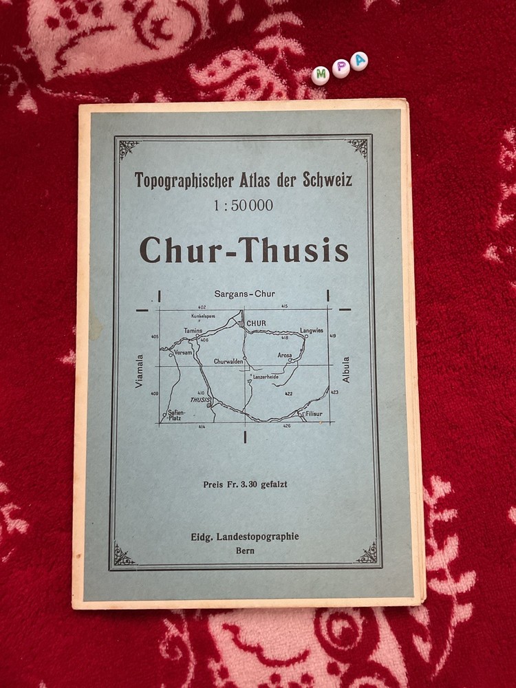 Antique vintage , rambling walking Map ,Switzerland, Chur-thusis