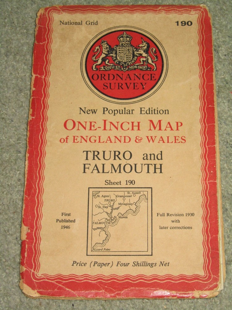 OS Ordnance Survey 1″ New Popular Edition sheet 190 Truro & Falmouth; 1946 paper