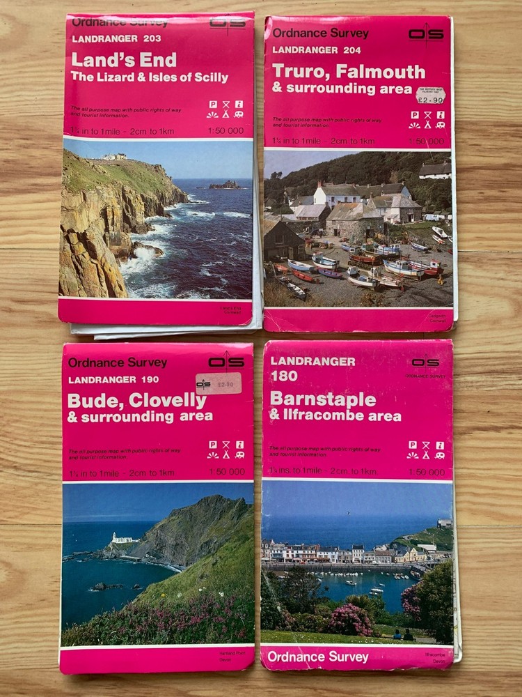 Four vintage Ordnance Survey folded maps of south-west England, 1970s?