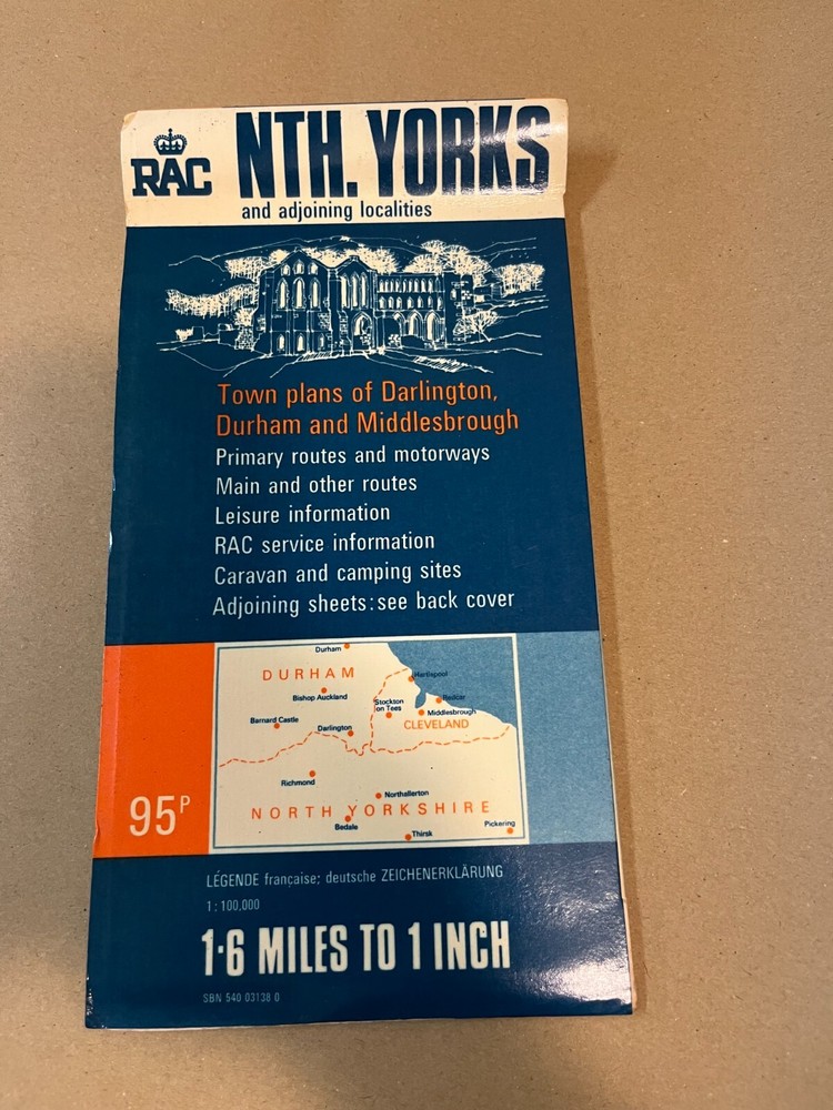 Retro 1970s RAC Map North Yorkshire Darlington Durham Middlesbrough