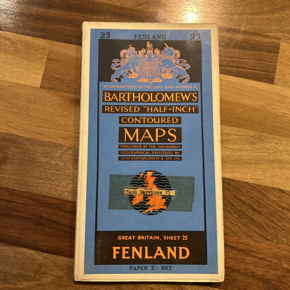 FENLAND Bartholomew Revised Contoured Half Inch Map sheet 25 Paper 1962 Boston