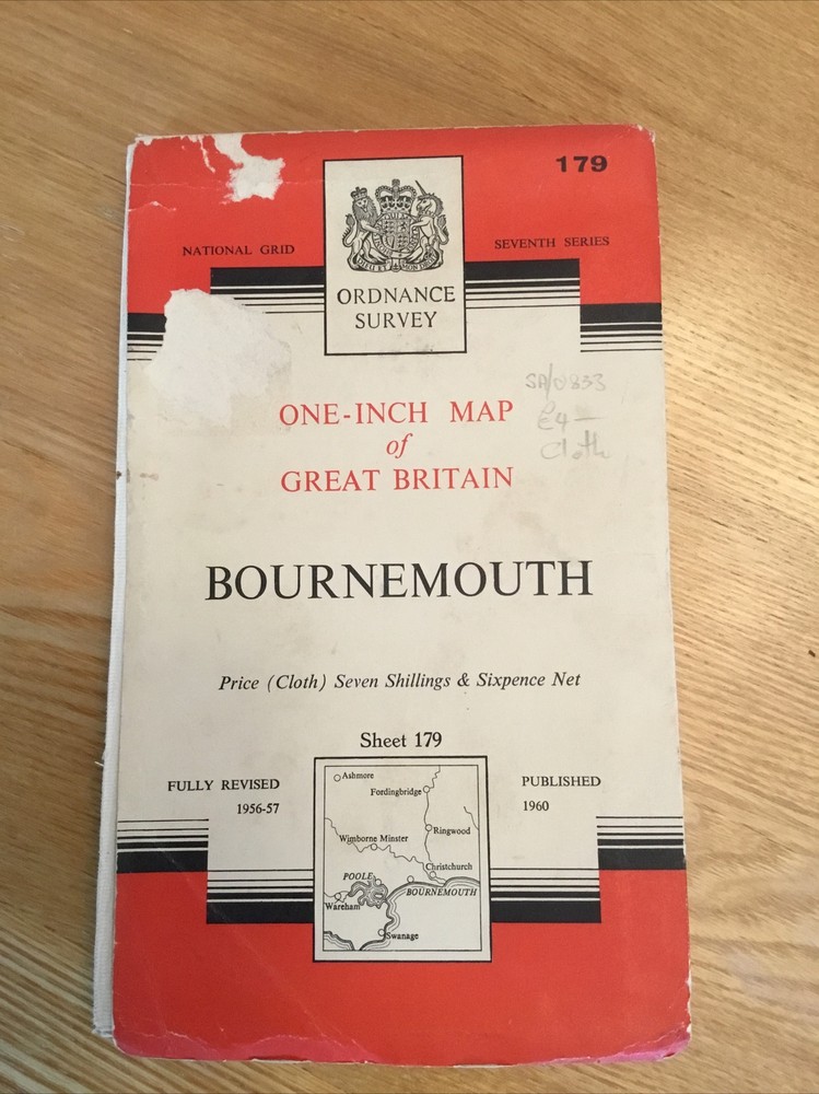 1960 Ordnance Survey One Inch Seventh Series Cloth Map 179 Bournemouth