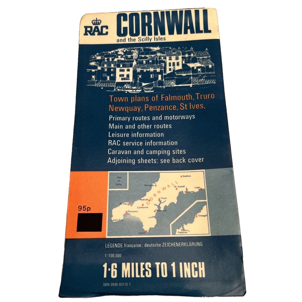 Vintage 1975/6 RAC road Map Of Cornwall & The Scilly Isles 1.65 Miles To 1”