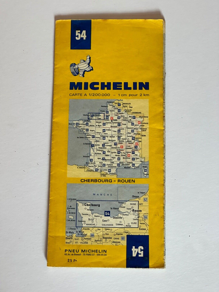Michelin Map, No 54, of Cherbourg-Rouen. 1970’s