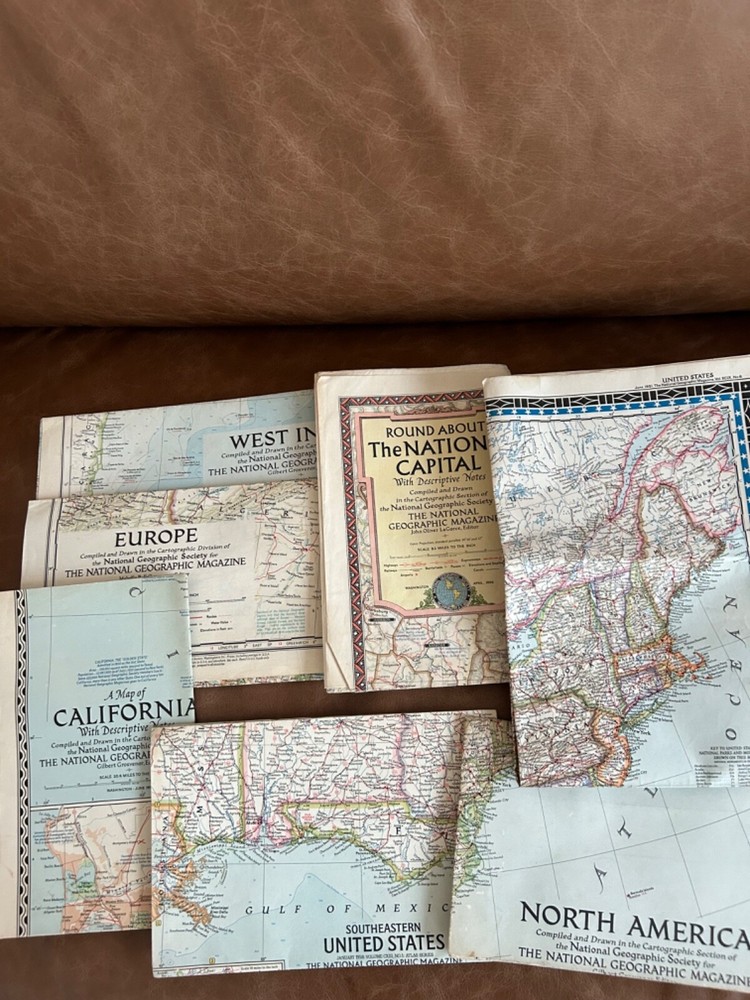 7 – National Geographic Society Maps. 5 American,1 West Indies &1 Europe C1950’s