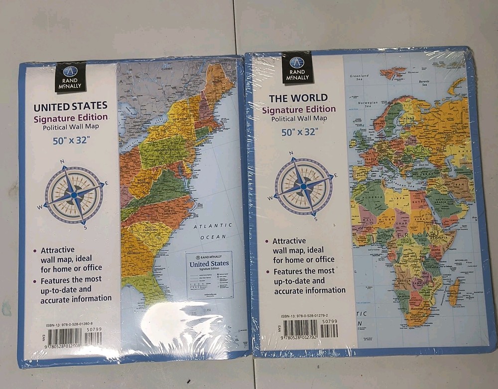 World & United States Political Wall Map Rand McNally Signature Edition 50x 32″