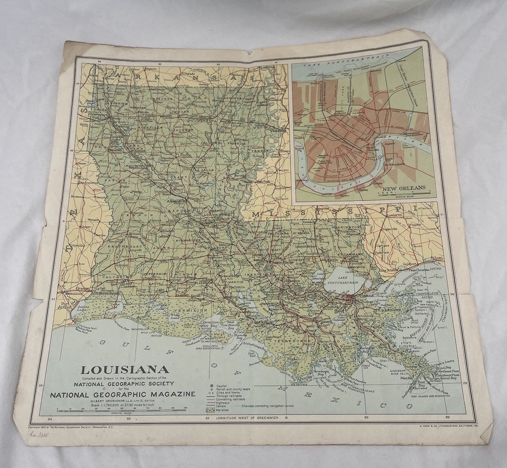 Vintage National Geographic Map Louisiana 1930