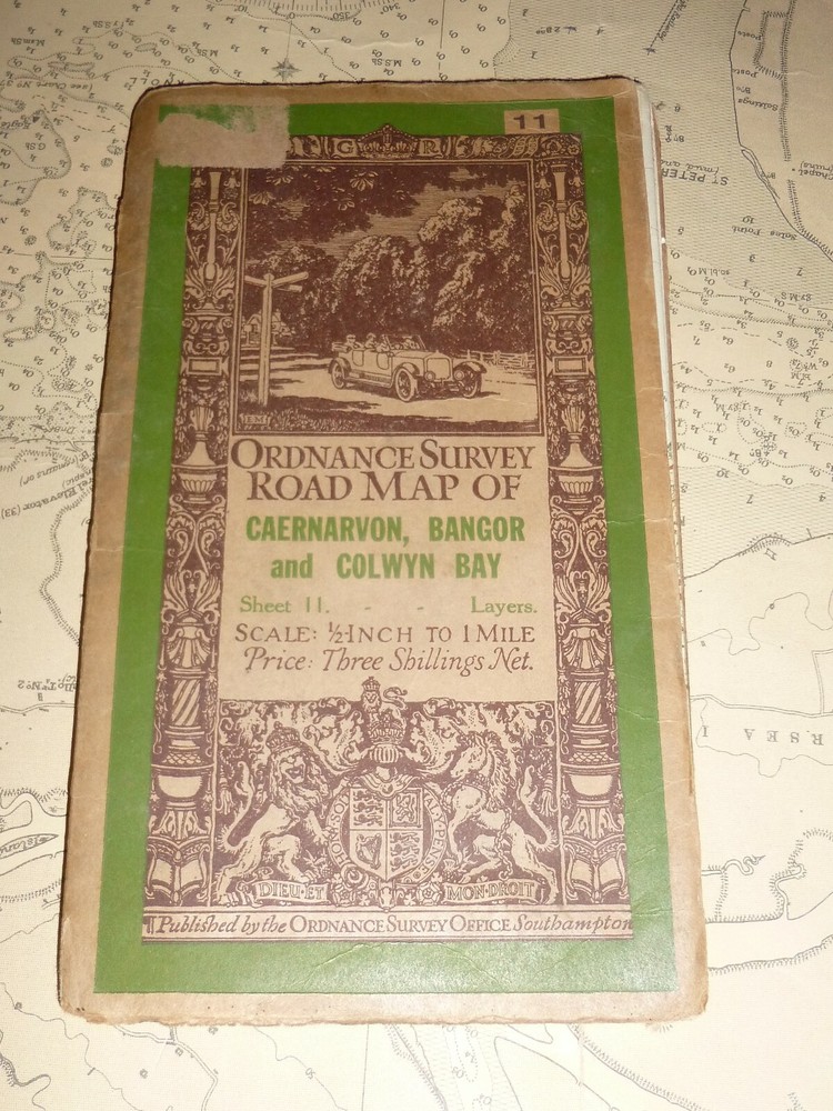 Vintage ORDNANCE SURVEY ROAD MAP OF CAERNARVON, BANGOR & COLWYN BAY 1928.