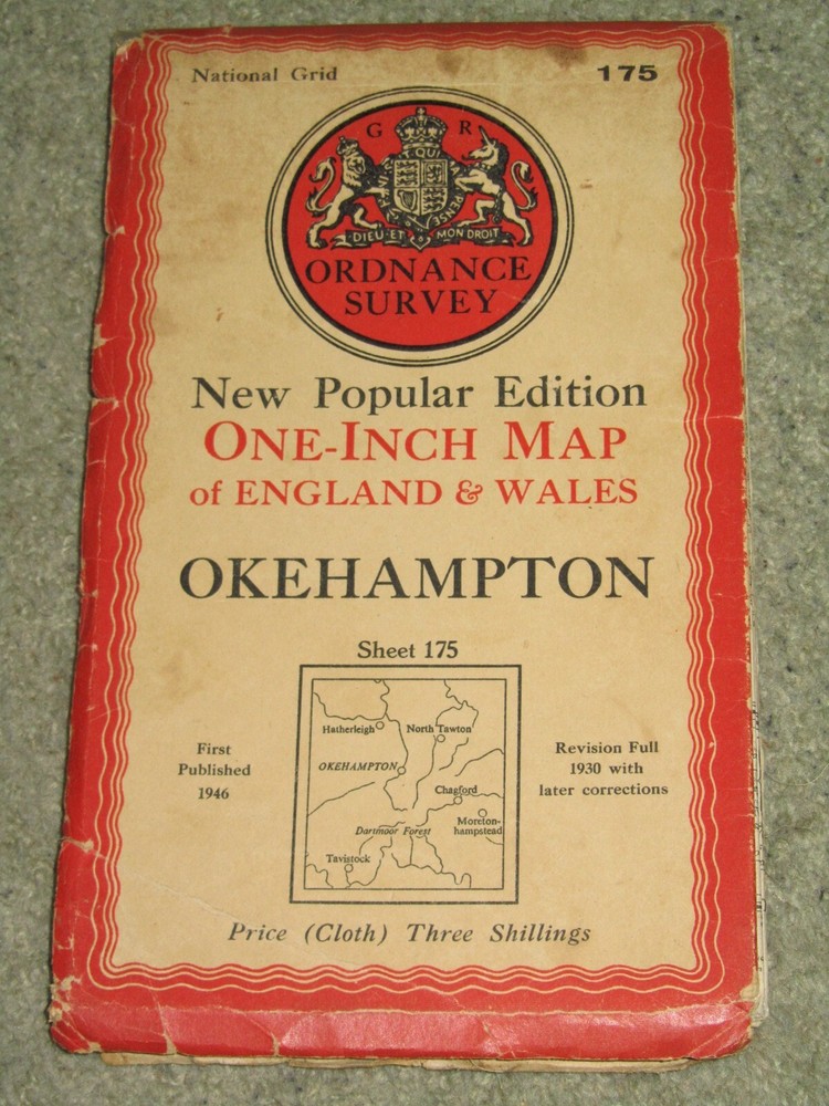 OS Ordnance Survey 1″ New Popular Edition sheet 175 Okehampton – 1946 on cloth