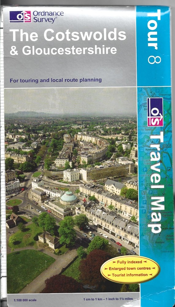 OS Travel Map for UK Tour 8 – COTSWOLDS & GLOUCESTERSHIRE Great condition 2007