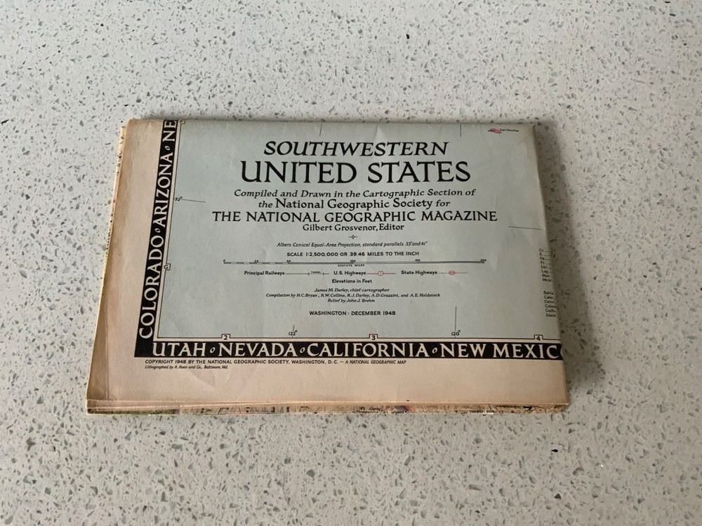 1948 Nat Geographic Magazine, Large Paper Map, South Western United States