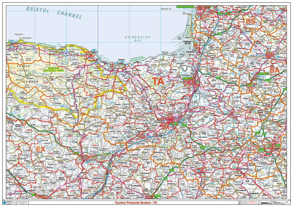 (G32) Map of Taunton TA Postcode Sectors, Poster of Taunton Postcodes