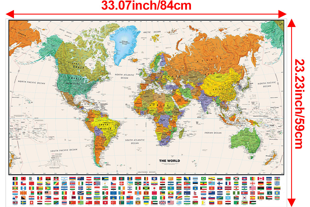A1 A2 Map Of The World Flags Poster Wall Chart Mural Home Office Decor Travel