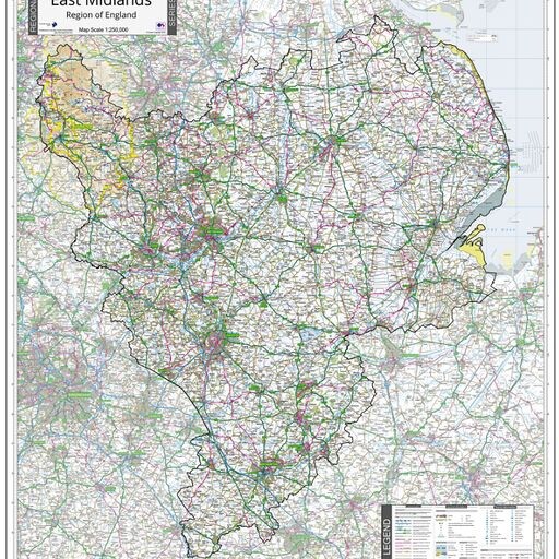 East Midlands – Region of England Wall Map Laminated- Ordnance Survey