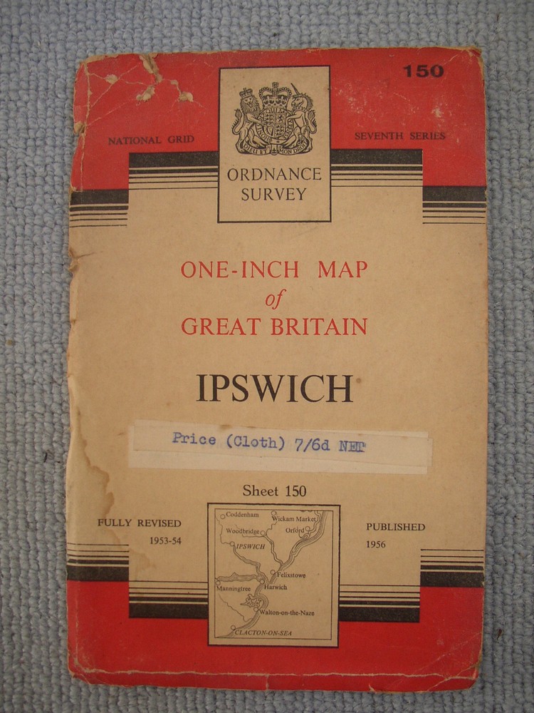 Vtg Ordnance Survey map Cloth Sheet 150 Ipswich Clacton Suffolk 1″=1 mile 1956