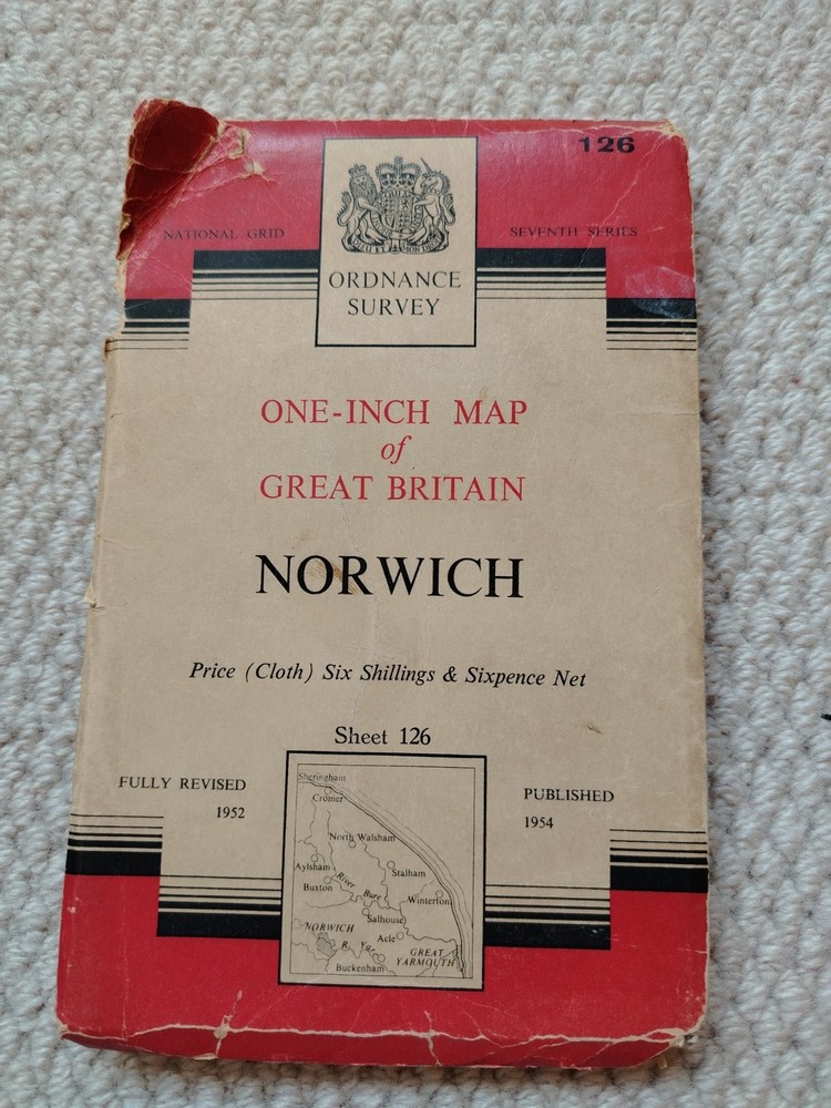 OS National Grid 7th series sheet 126 Norwich linen-backed 1954