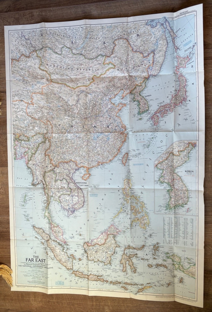 Far East National Geographic paper map, 1952 vintage