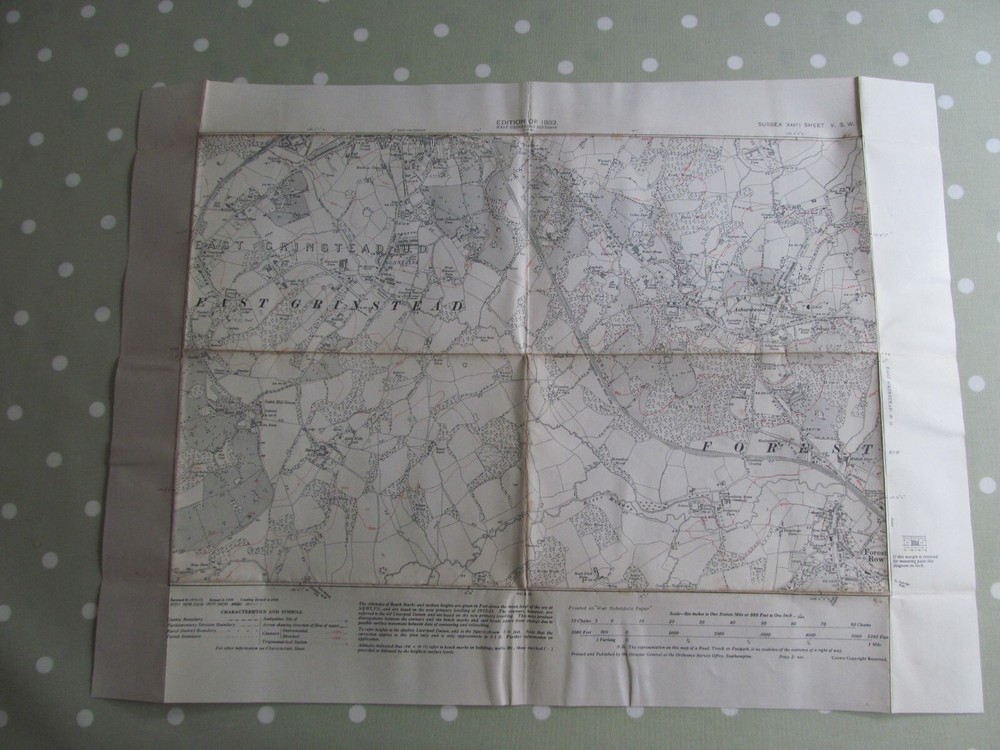 VINTAGE OS MAP OF ASHURSTWOOD AREA SUSSEX 1932 EDITION – SIX INCHES TO ONE MILE