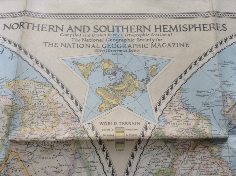 Vintage National Geographic NORTHERN AND SOUTHERN HEMISPHERES MAP – April 1943