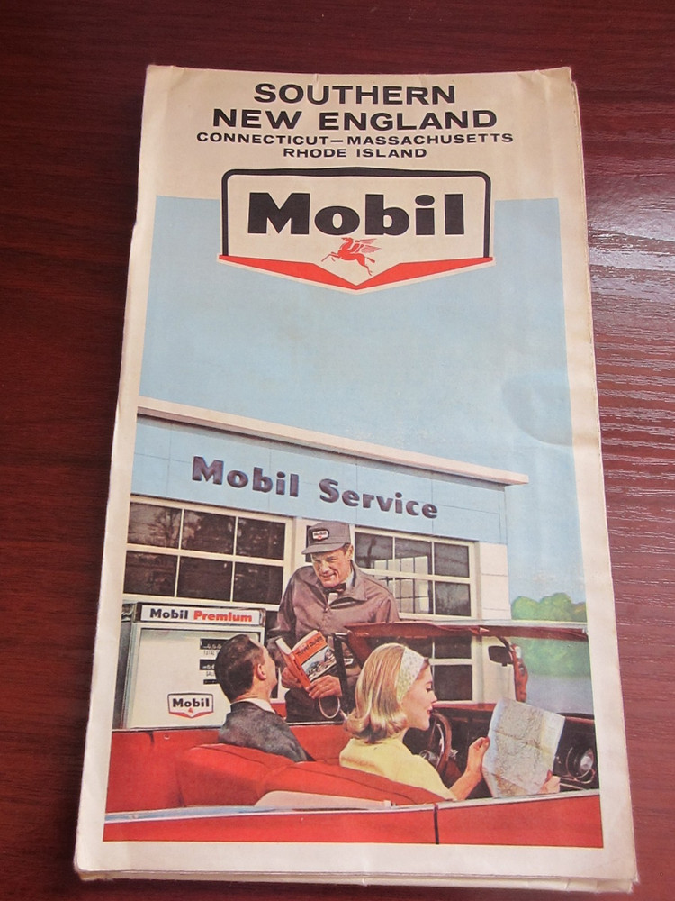 Southern New England 1960s Mobil USA Gas Station Map 1 inch = 6.8 Miles approx.