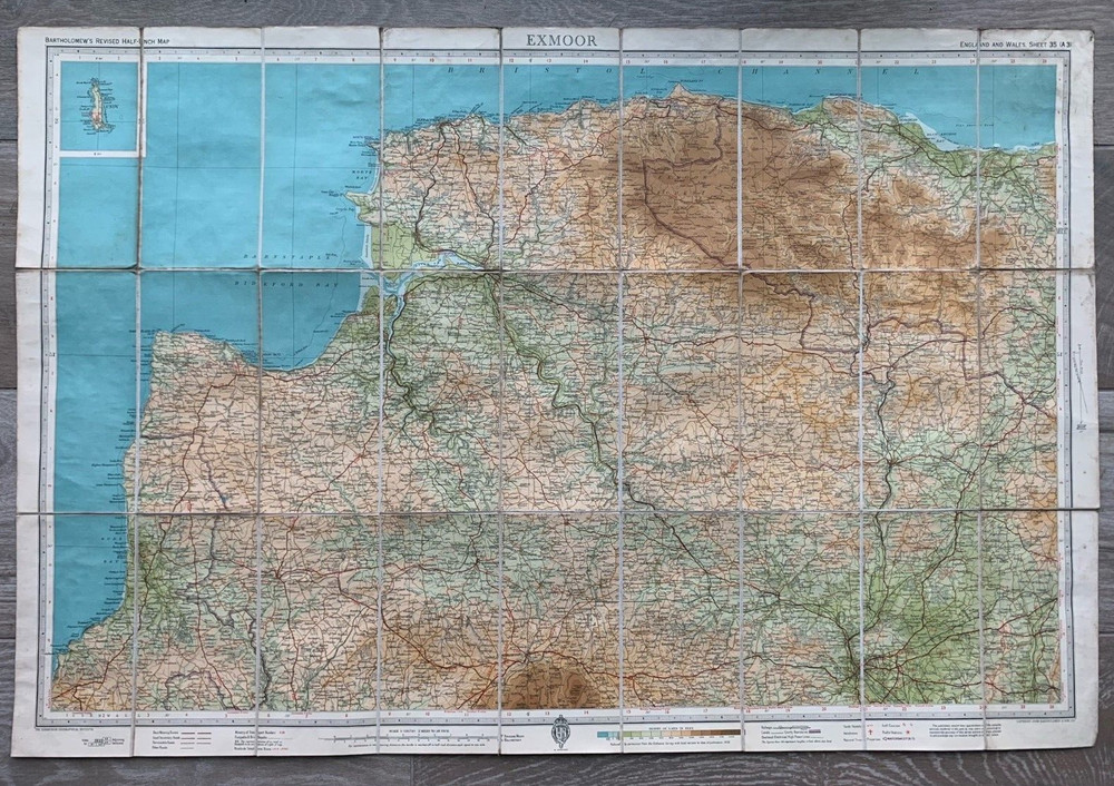 Bartholomews Vintage Map Exmore Large Scale 1930’s Barnstaple Bideford