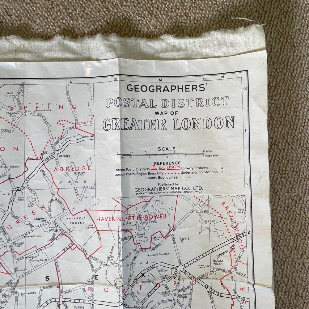 GEOGRAPHERS’ POSTAL DISTRICT MAP OF GREATER LONDON With Street Names c1960