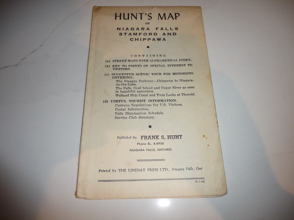 VINTAGE 1960 HUNT’S MAP OF NIAGARA FALLS STAMFORD AND CHIPPAWA – FREE SHIPPING