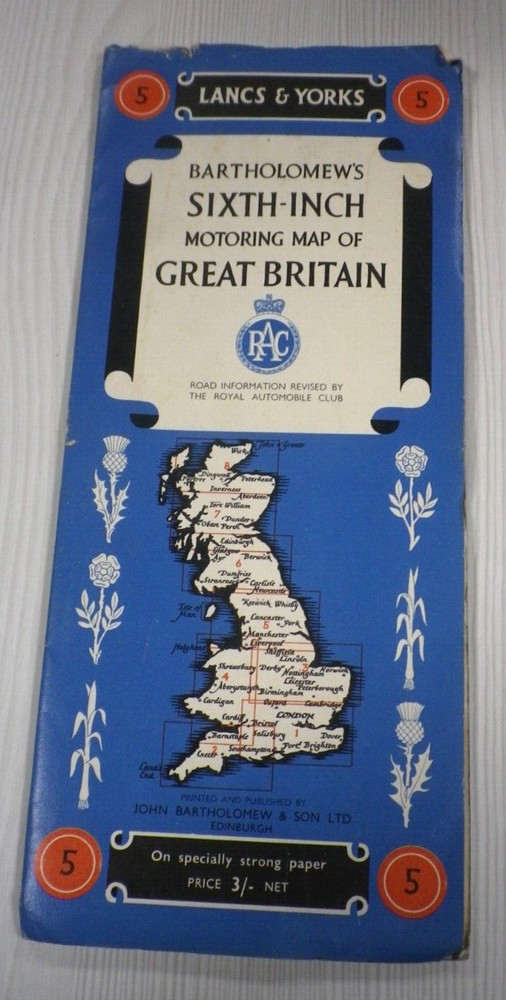 RAC Bartholomew’s LANCS & YORKS Sixth-Inch Motoring Map of Great Britain Sheet 5