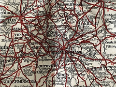Vintage 1960s road map, 50 miles about Birmingham, Geographia, cloth backed