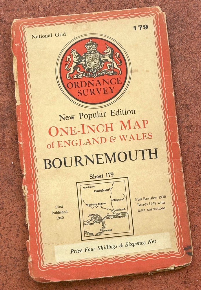 OS Ordnance Survey One Inch Map, BOURNEMOUTH, Sheet 179, 1940