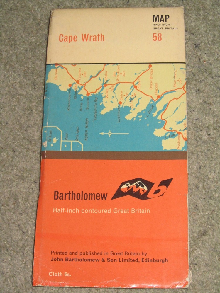 Bartholomews Half Inch Map; sheet 58 Cape Wrath – 1965 on cloth