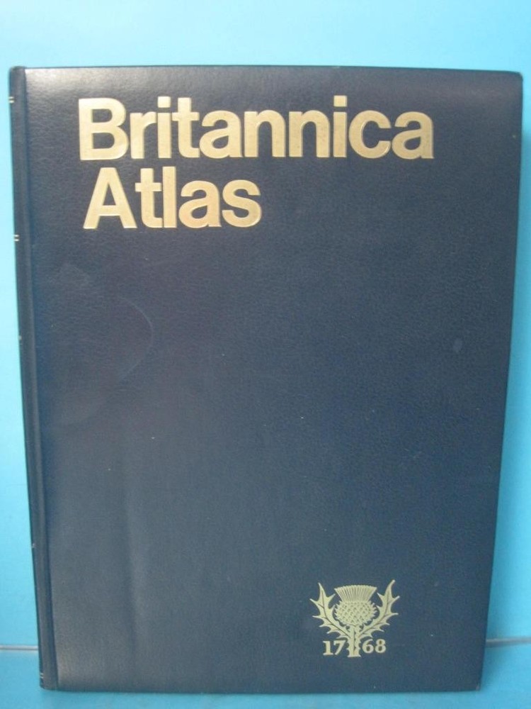 BRITANNICA ATLAS 1768 – 1988 15″ X 11″ BLUE HARDBACK BOOK WITH BEAUTIFUL MAPS
