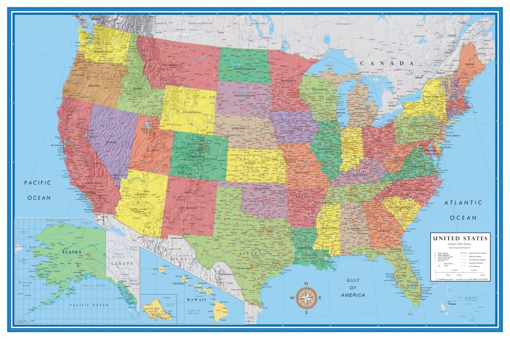 24×36 United States Premier Blue Oceans 3D Wall Map Poster, Laminated Edition
