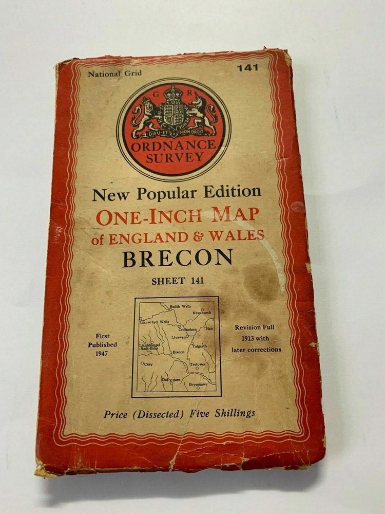 OS Ordnance Survey One Inch Cloth Map,Brecon , Sheet 141, 1947